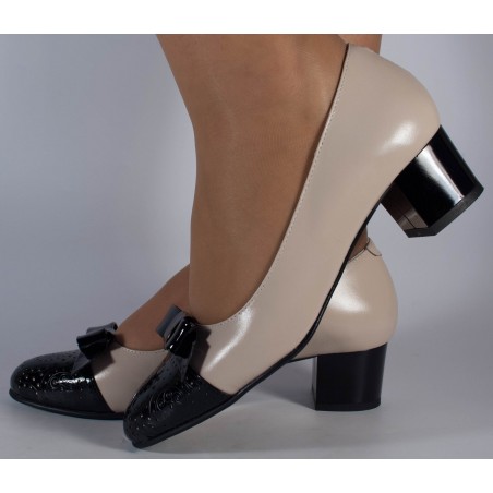 Pantofi office crem negru piele naturala dama/dame/femei (cod 299)